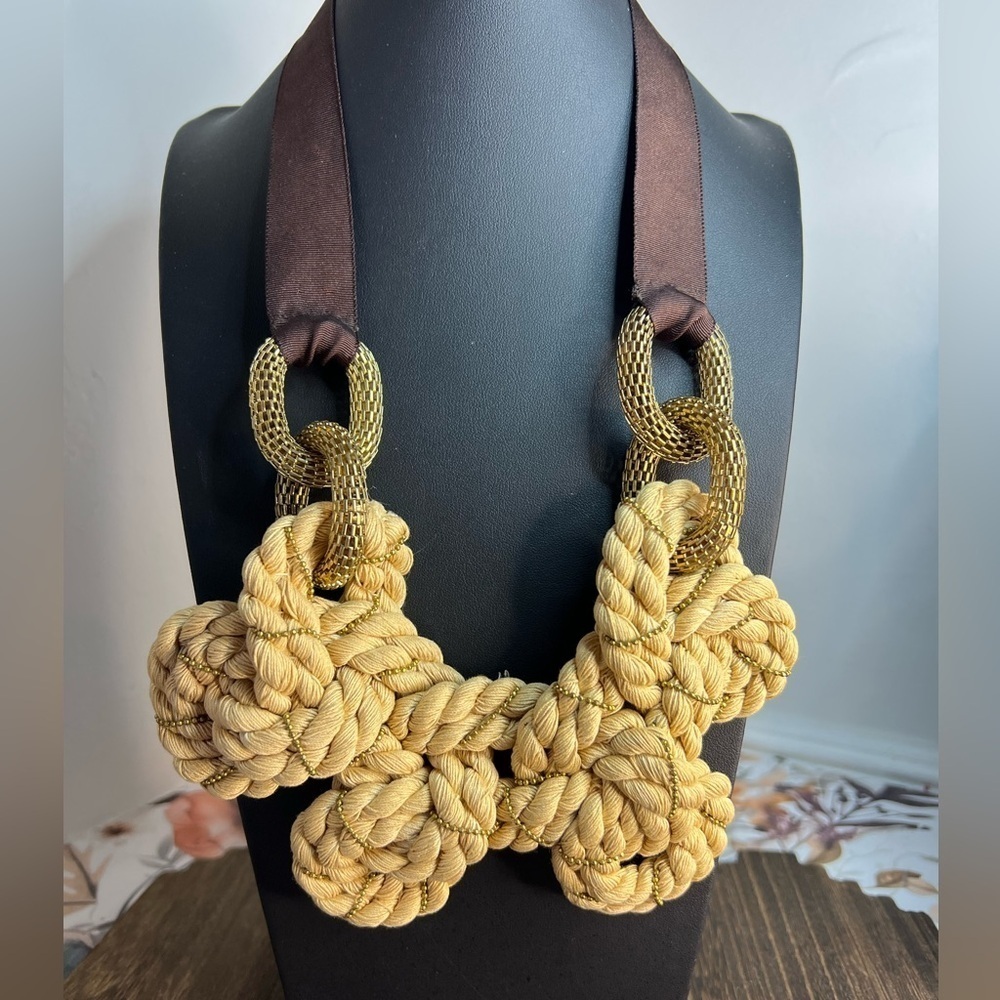 Piazza Sempione Chunky Tan Rope Statement Necklace w/Brown Ribbon 34” D12
